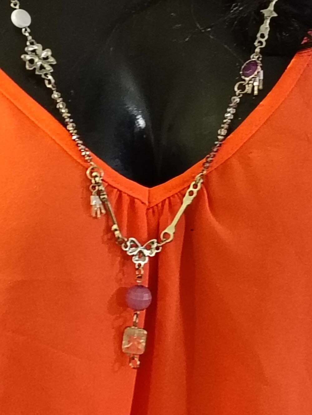 Handmade Mixed Media Beaded Statement Necklace Purple Accents 17"+